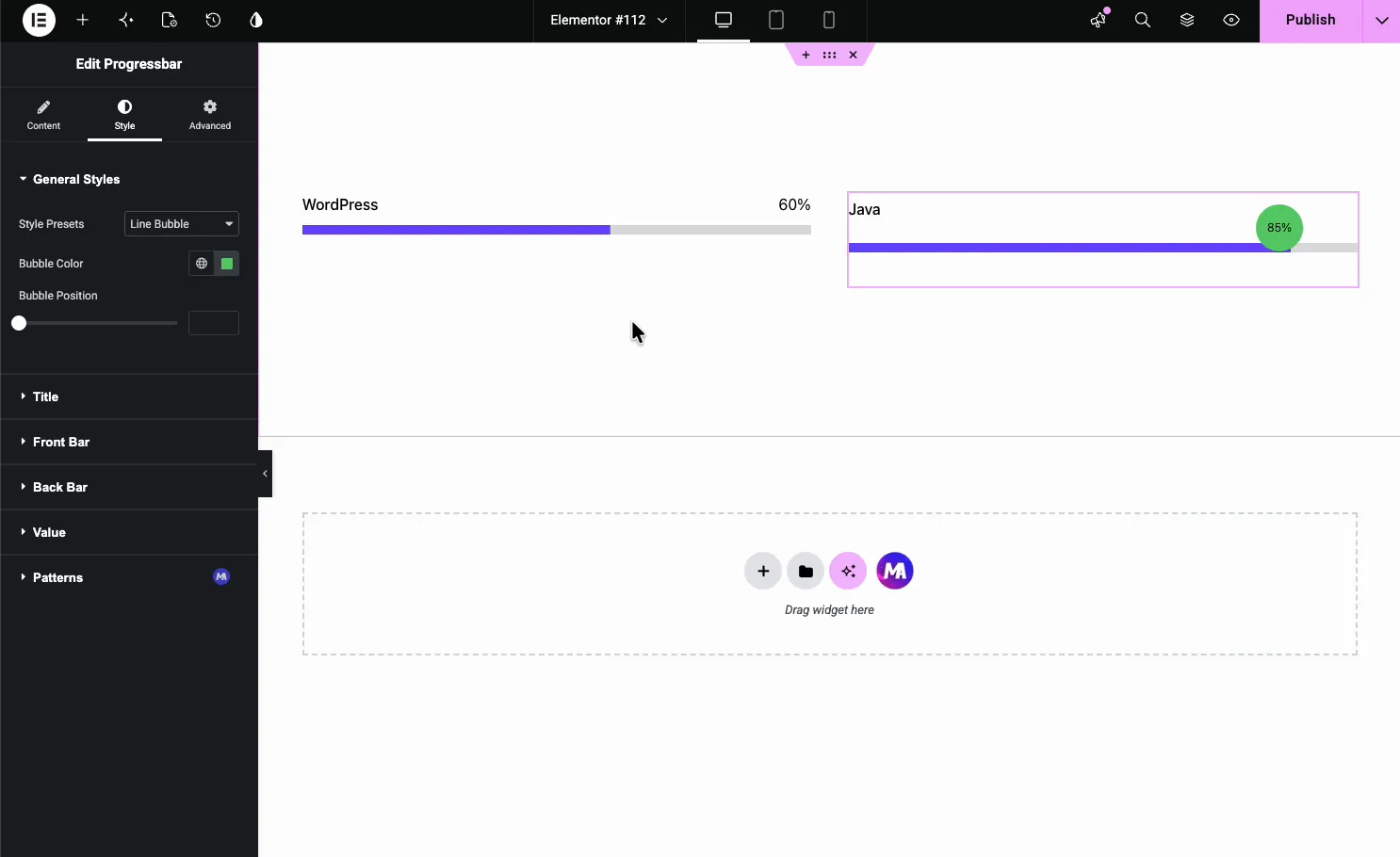 Progress Bar General Styles with Style Presets set to Line Bubble, plus Bubble Color and Bubble Position controls