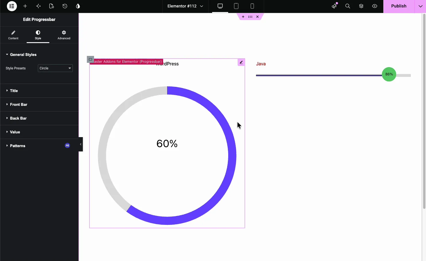 Progress Bar using the Circle style preset showing a donut ring filled to 60 percent with the value in the center