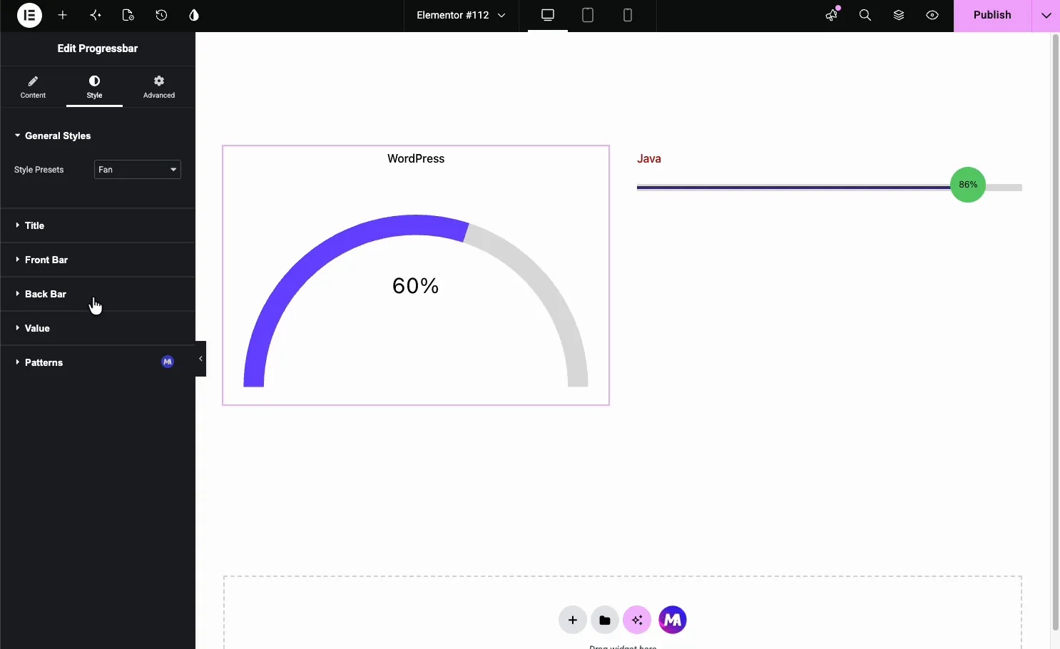 Progress Bar using the Fan style preset showing a half-circle gauge filled to 60 percent