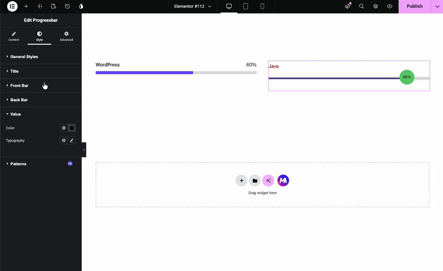 Progress Bar Style tab with sections for General Styles, Title, Front Bar, Back Bar, Value, and Patterns