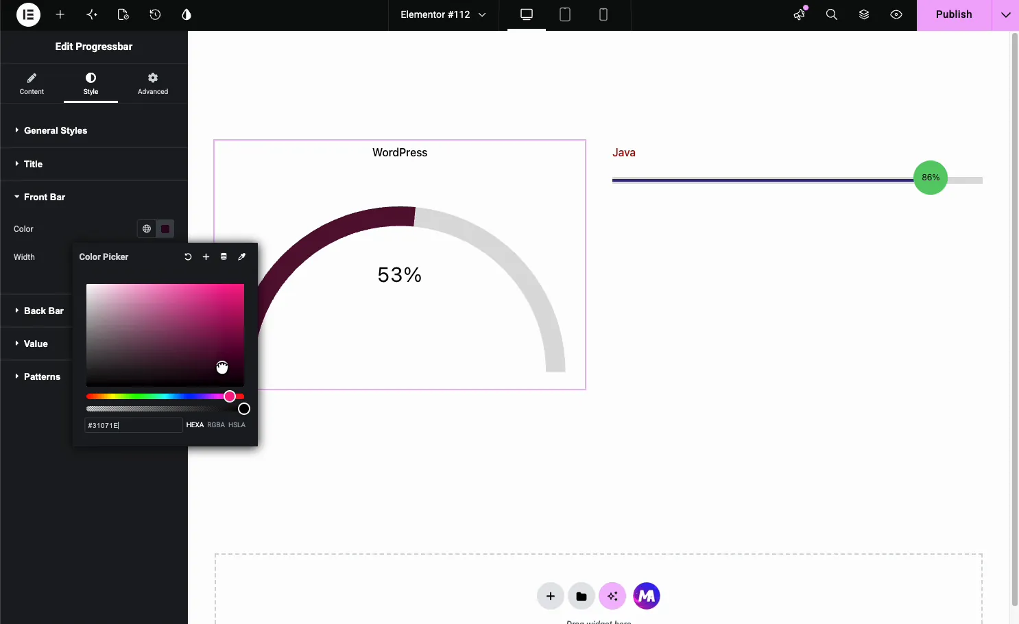 Progress Bar Front Bar section with the color picker open, changing the fill color of the half-circle gauge