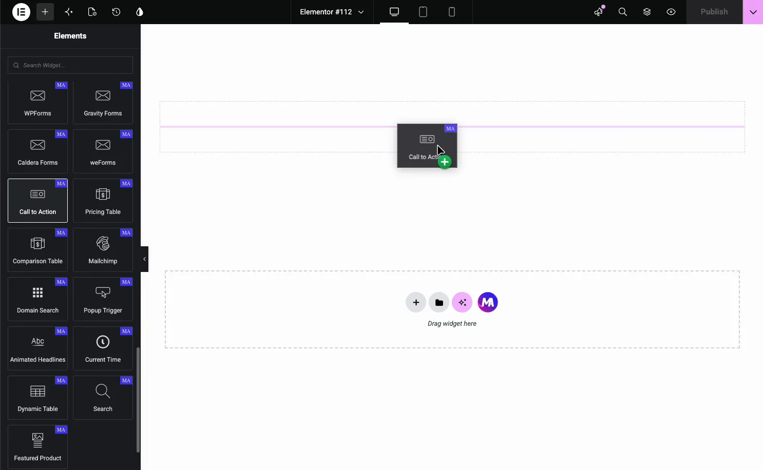 Call to Action widget in the Elementor Elements panel being dragged onto the page