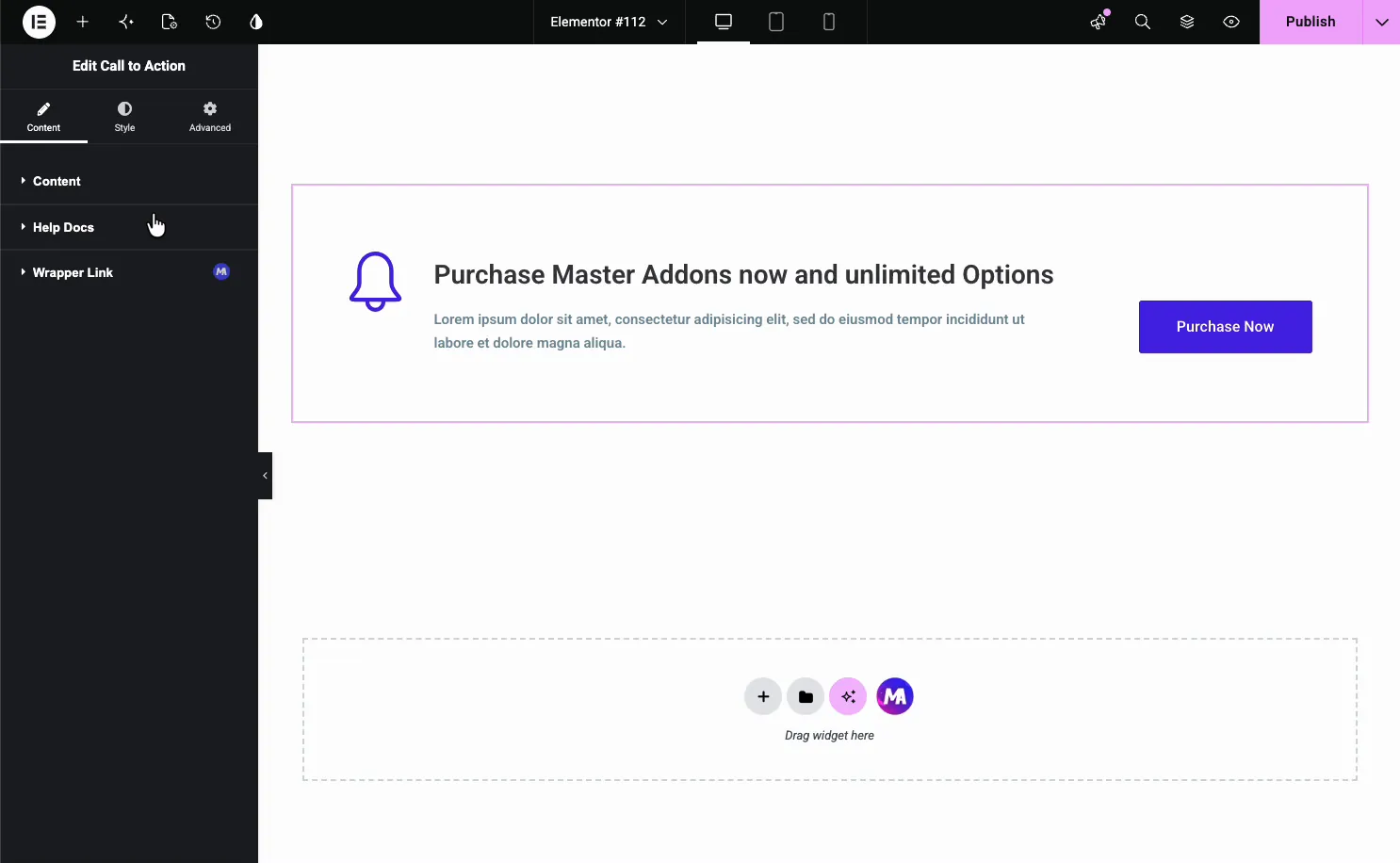 Default Master Addons Call to Action block with a bell icon, title, description, and a Purchase Now button
