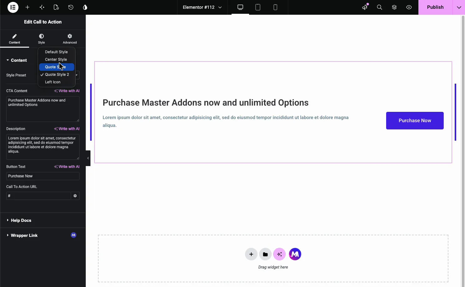 Call to Action Content tab with the Style Preset dropdown open showing Default Style, Center Style, Quote Style, Quote Style 2, and Left Icon