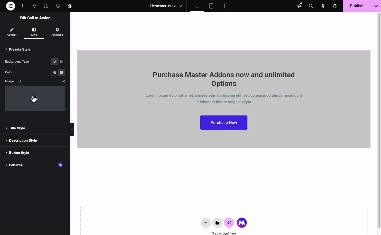 Call to Action Style tab with Presets Style, Title Style, Description Style, Button Style, and Patterns sections