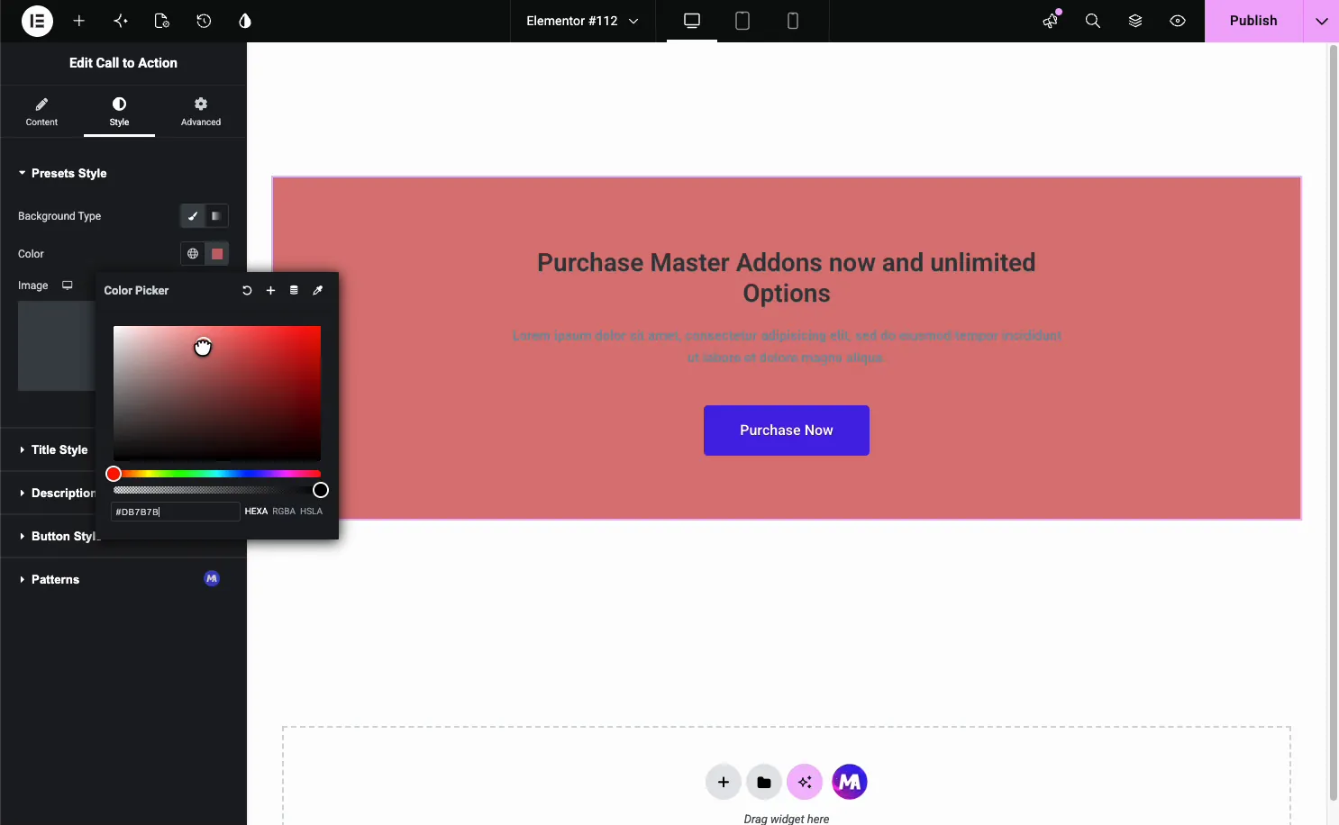 Call to Action Presets Style section with the background color picker open, applying a red background to the block