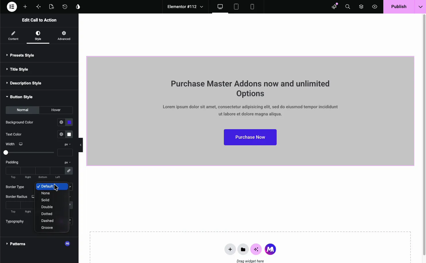 Call to Action Button Style section with Normal and Hover tabs, background color, text color, width, padding, and border controls