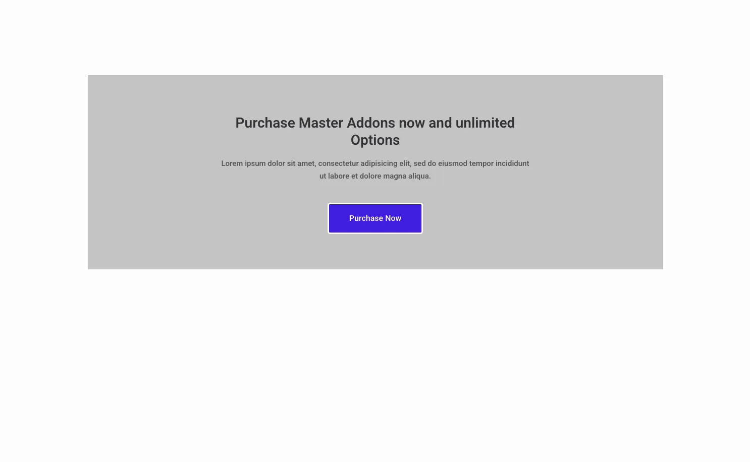 Finished Elementor call to action block built with the Master Addons CTA widget showing a centered title, description, and Purchase Now button