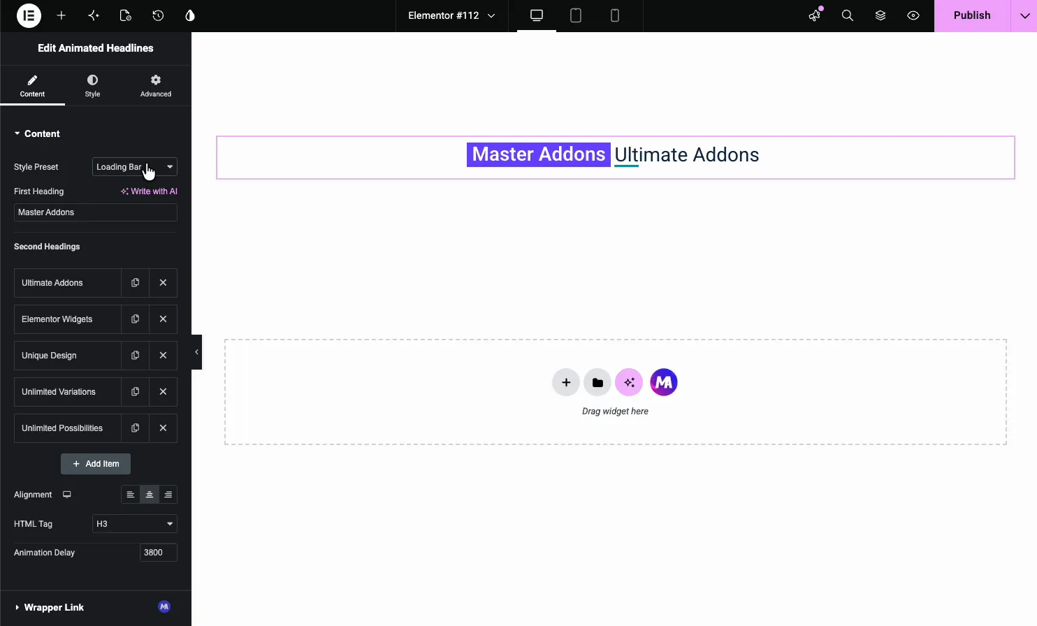 Animated Headline using the Loading Bar preset with a bar revealing the rotating word