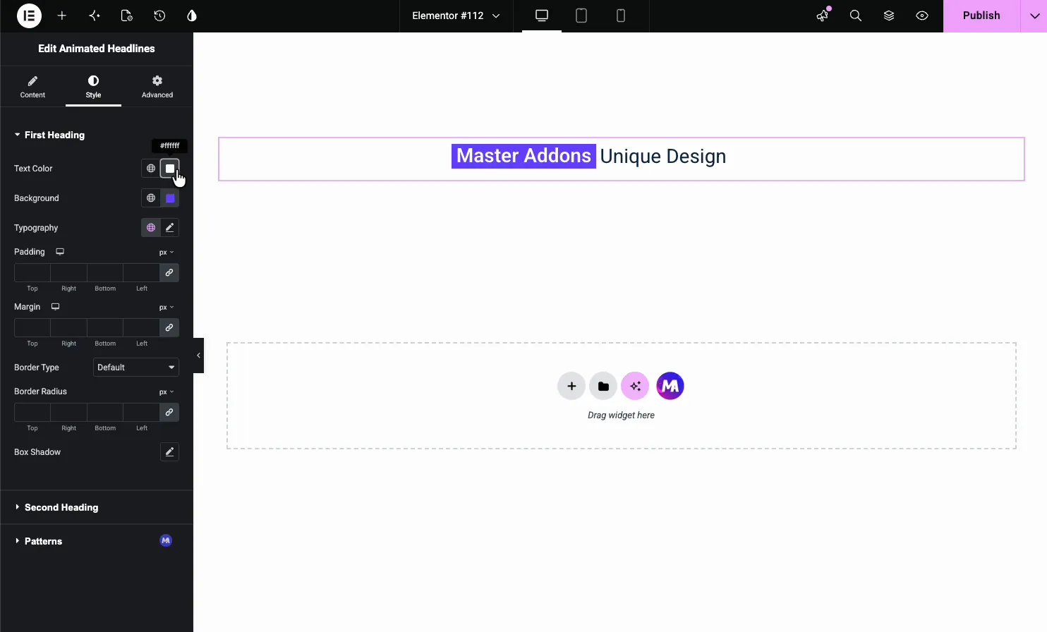 Animated Headline Style tab First Heading section with text color, background, typography, padding, margin, border, and box shadow