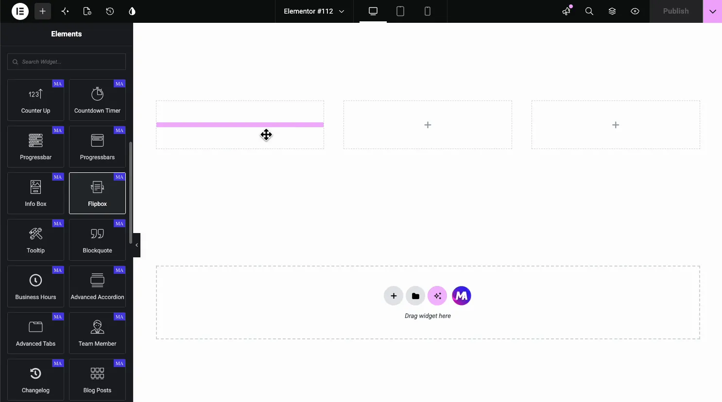 Flipbox widget in the Elementor Elements panel being dragged onto the page