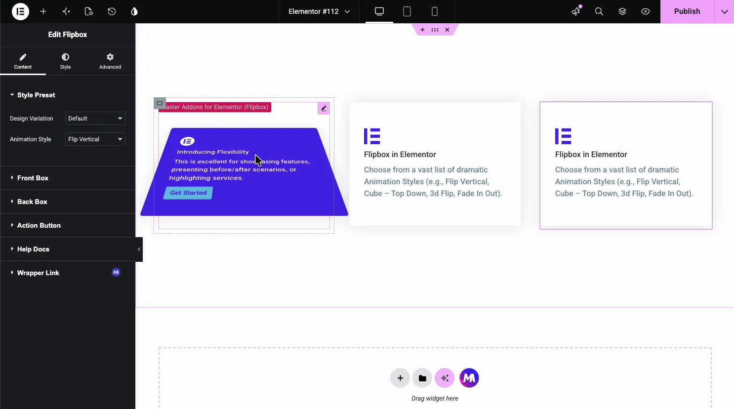 Flipbox Content tab with the Style Preset section showing Design Variation and Animation Style, plus the Front Box, Back Box, and Action Button sections