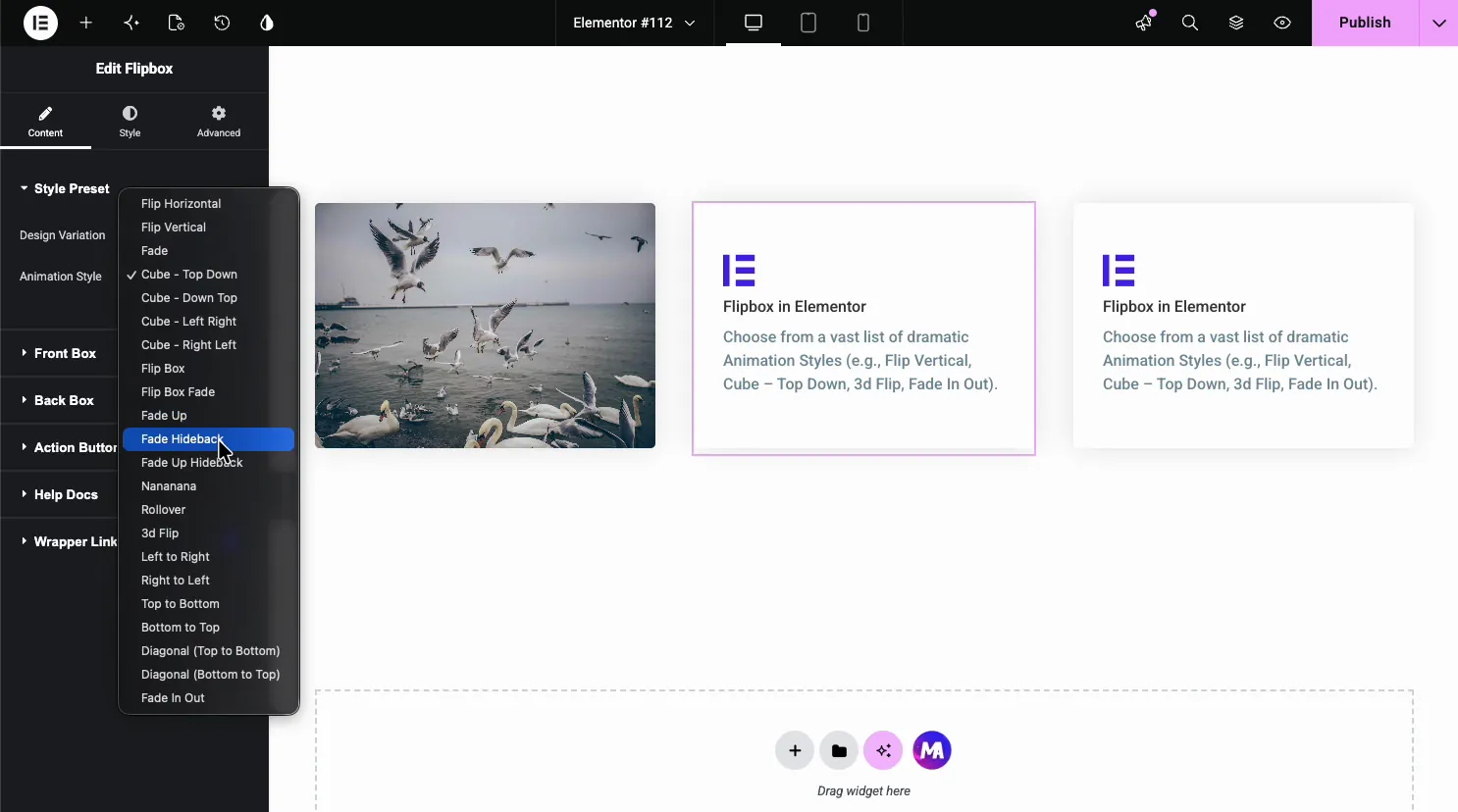 Flipbox Animation Style dropdown open showing Flip Horizontal, Flip Vertical, Fade, Cube variants, 3d Flip, Diagonal, and Fade In Out