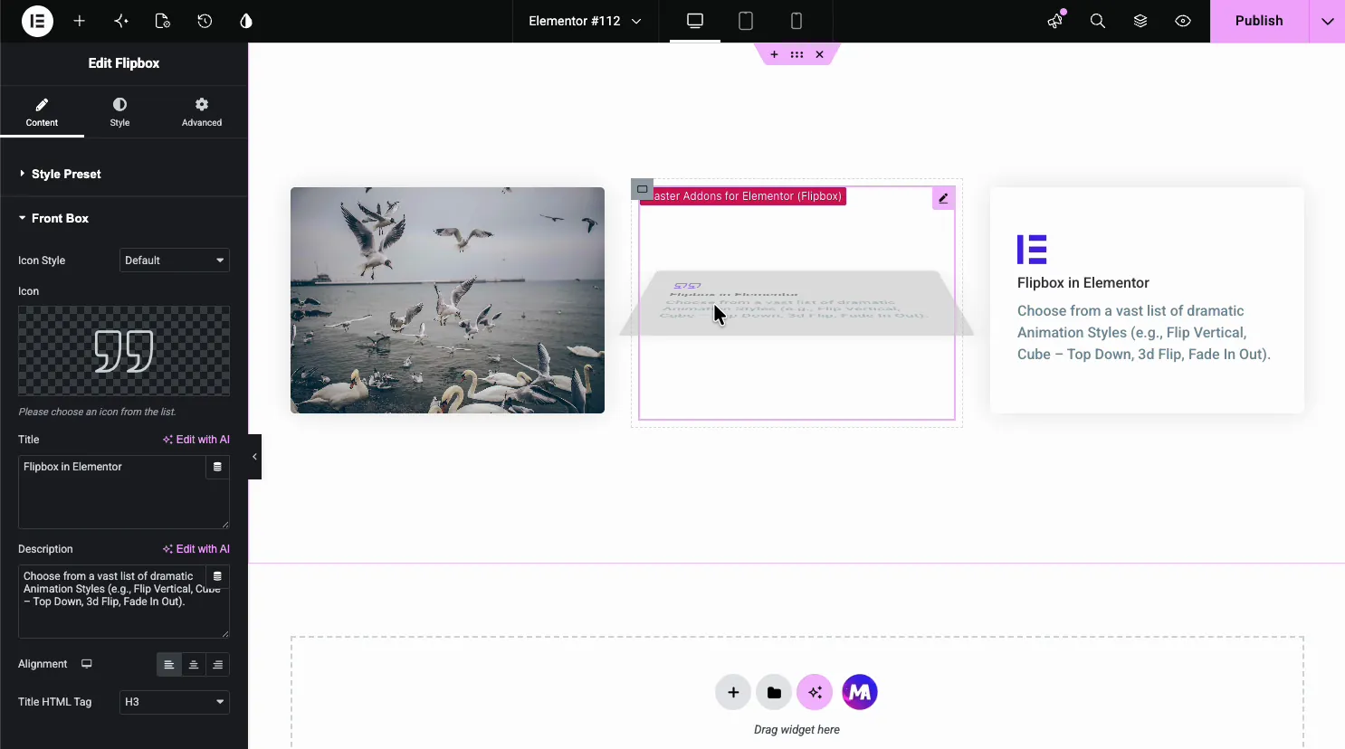 Flipbox Front Box section with Icon Style, an icon picker, Title, Description, Alignment, and Title HTML Tag fields