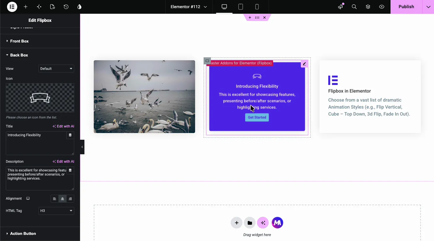 Flipbox Back Box section with icon, title, and description fields, and the canvas showing a purple back face with Introducing Flexibility and a Get Started button