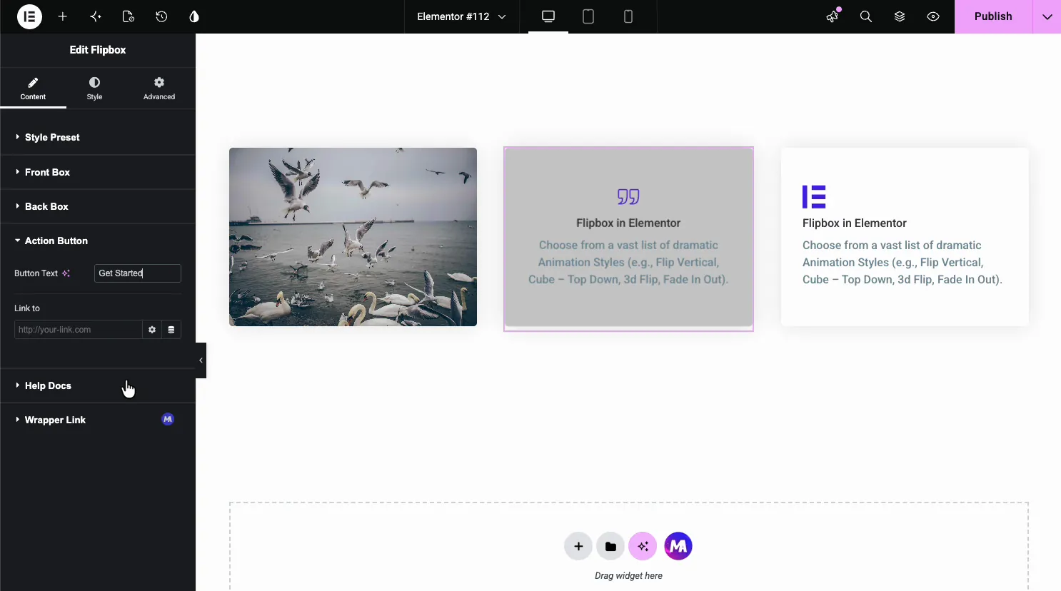 Flipbox Action Button section with a Button Text field set to Get Started and a Link to field