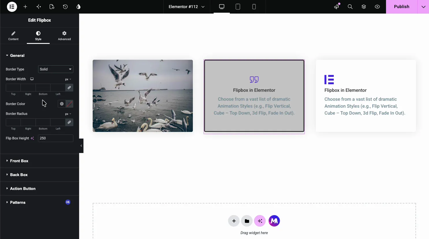 Flipbox Style tab General section with Border Type, Border Width, Border Color, Border Radius, and Flip Box Height set to 250