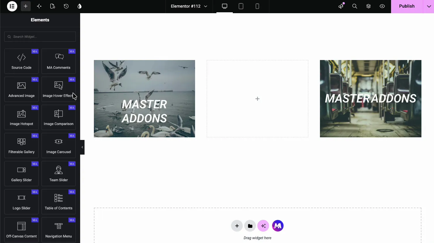 Image Hover Effects widget in the Elementor Elements panel being dragged onto the page