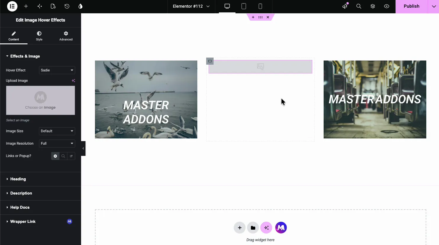 Image Hover Effects Content tab with the Effects and Image section showing Hover Effect, Upload Image, Image Size, Image Resolution, and Links or Popup