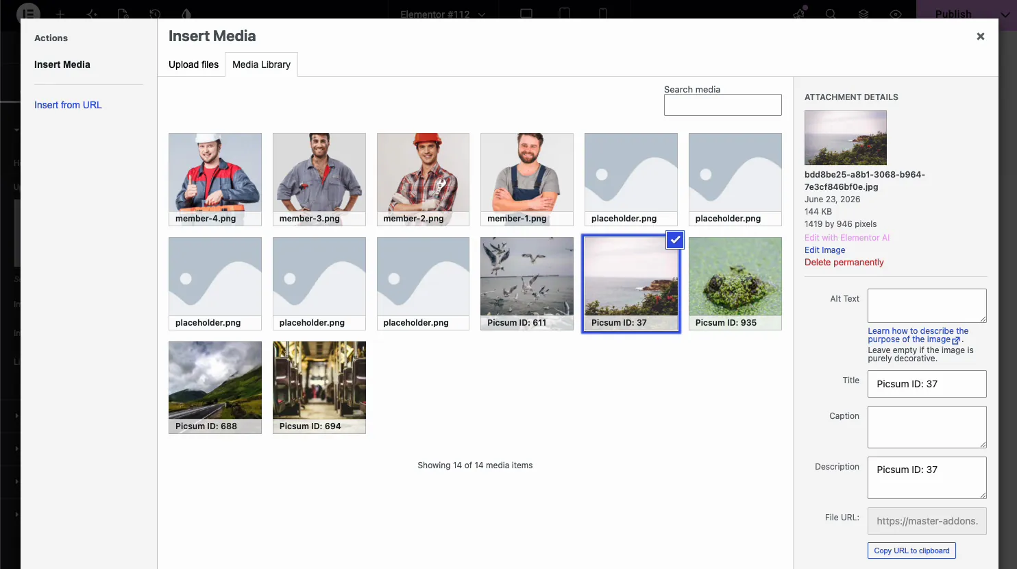 WordPress media library open to select an image for the Image Hover Effects widget