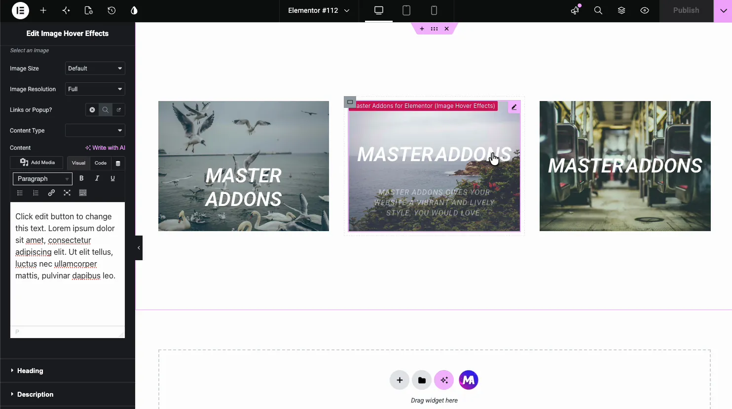 Image Hover Effects Content Type and Content fields with a text editor, and the canvas showing a title and description revealed on hover