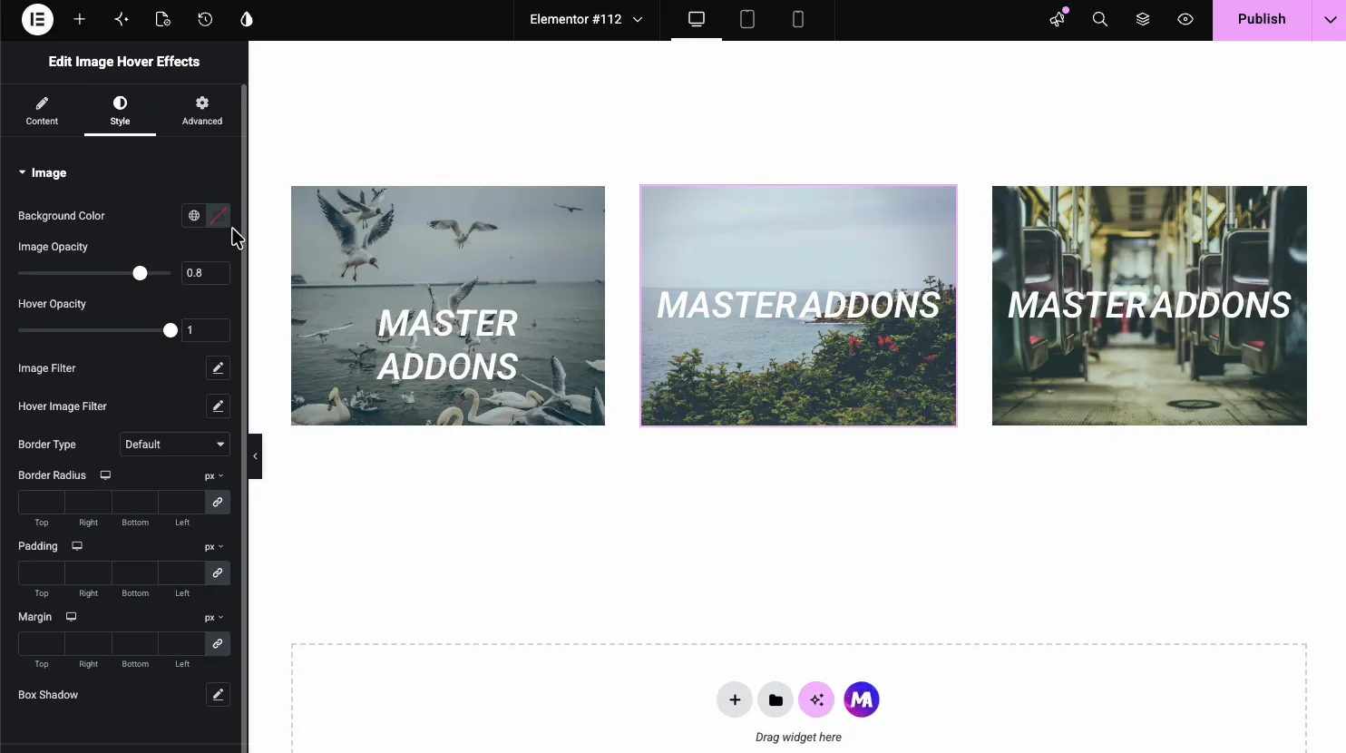 Image Hover Effects Style tab Image section with Background Color, Image Opacity, Hover Opacity, Image Filter, Hover Image Filter, and border controls