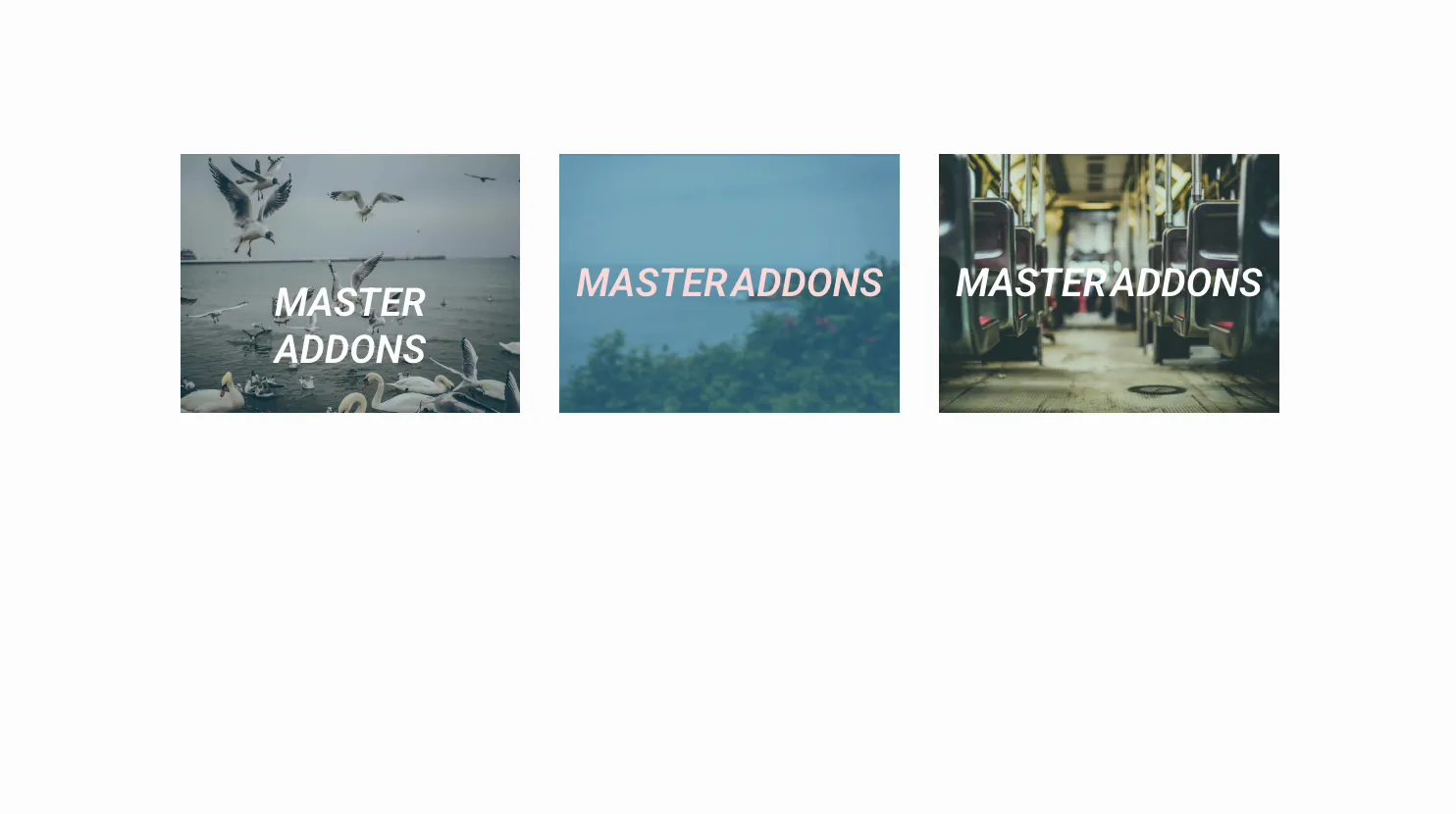 Three Elementor images built with the Master Addons Image Hover Effects widget, each showing a Master Addons title overlay on hover