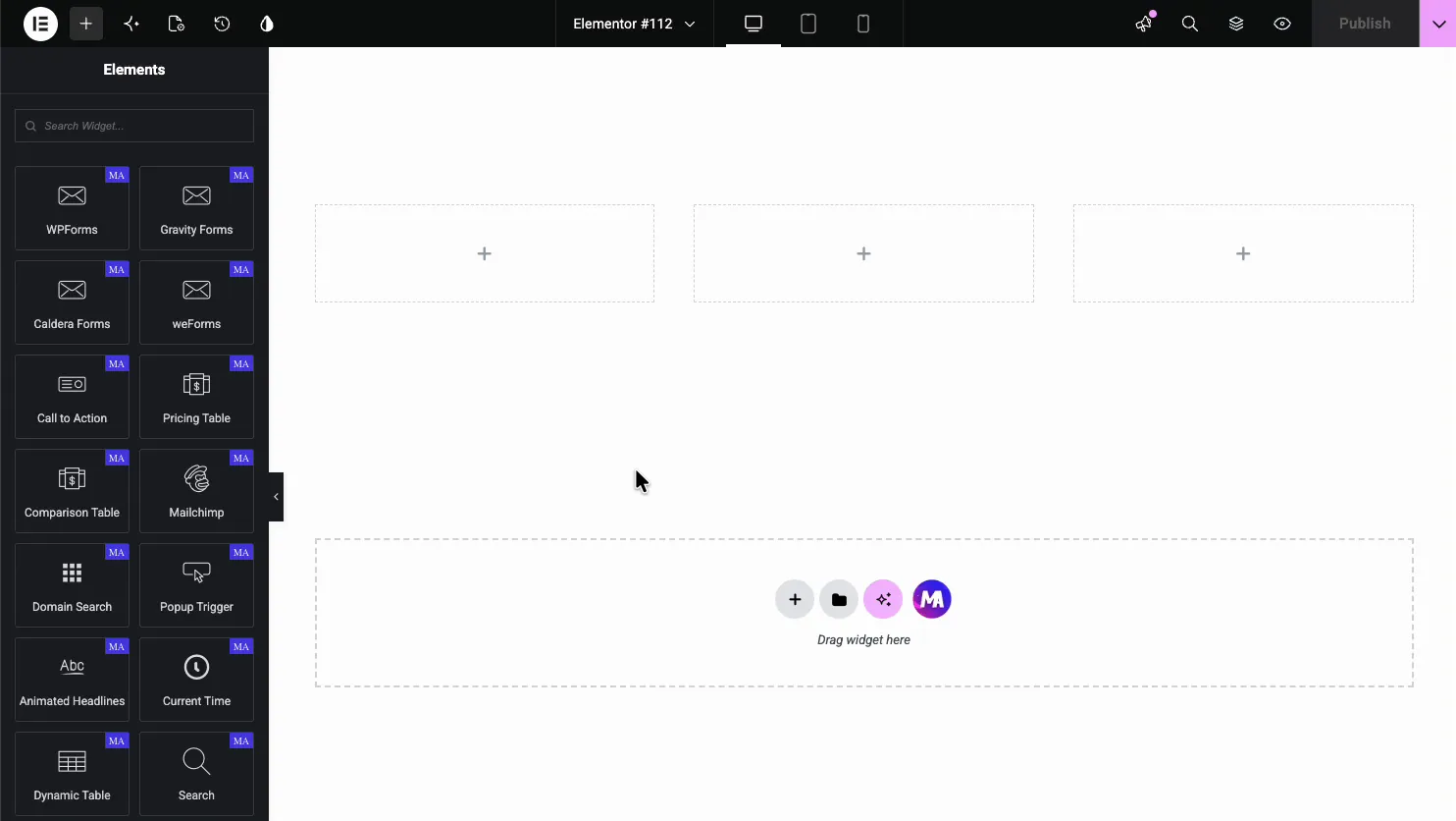 Pricing Table widget in the Elementor Elements panel being dragged onto the page