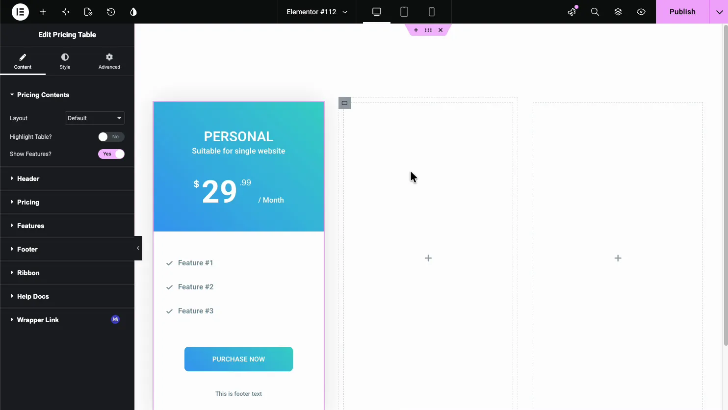 Pricing Table Content tab with the Pricing Contents section showing Layout, Highlight Table, and Show Features, plus a single Personal plan on the canvas