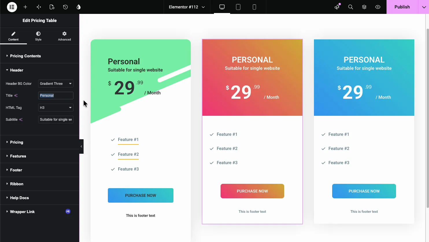 Pricing Table Header section with Header BG Color set to a gradient, a Title field, an HTML Tag dropdown, and a Subtitle field
