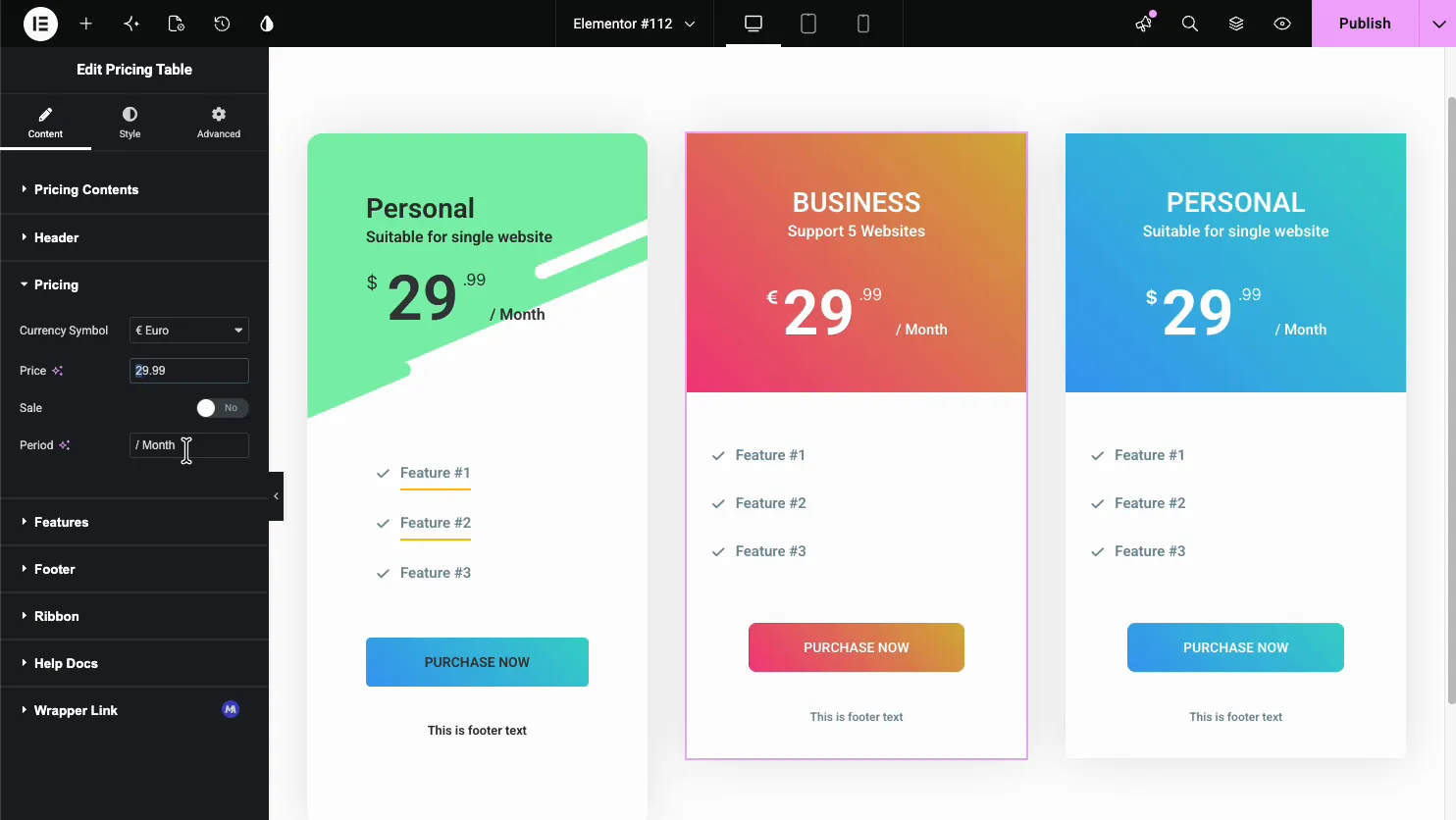 Pricing Table Pricing section with Currency Symbol, Price, a Sale toggle, and a Period field, next to three styled plans