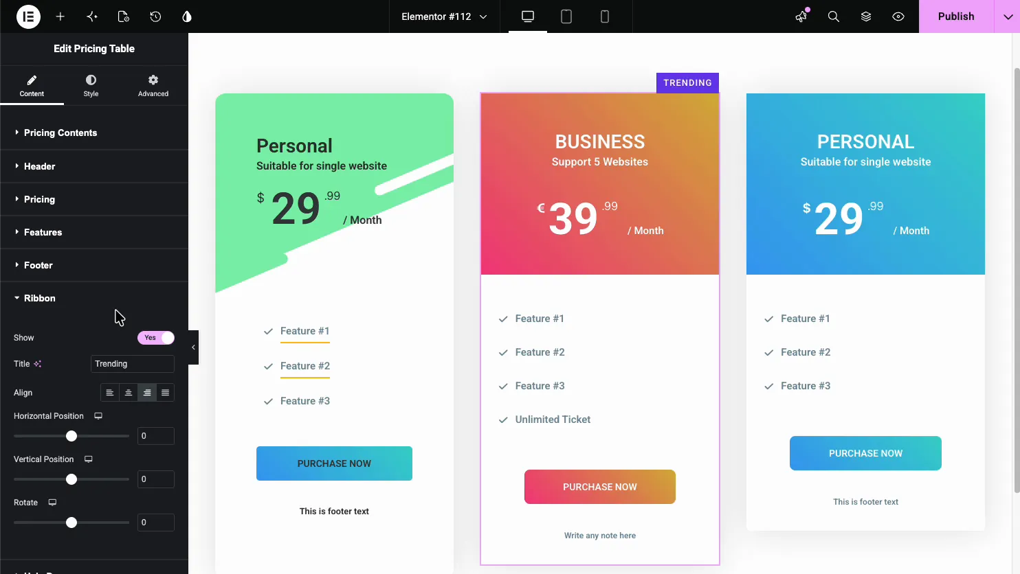 Pricing Table Ribbon section with Show, Title set to Trending, Align, Horizontal and Vertical Position, and Rotate, with a Trending badge on the middle plan