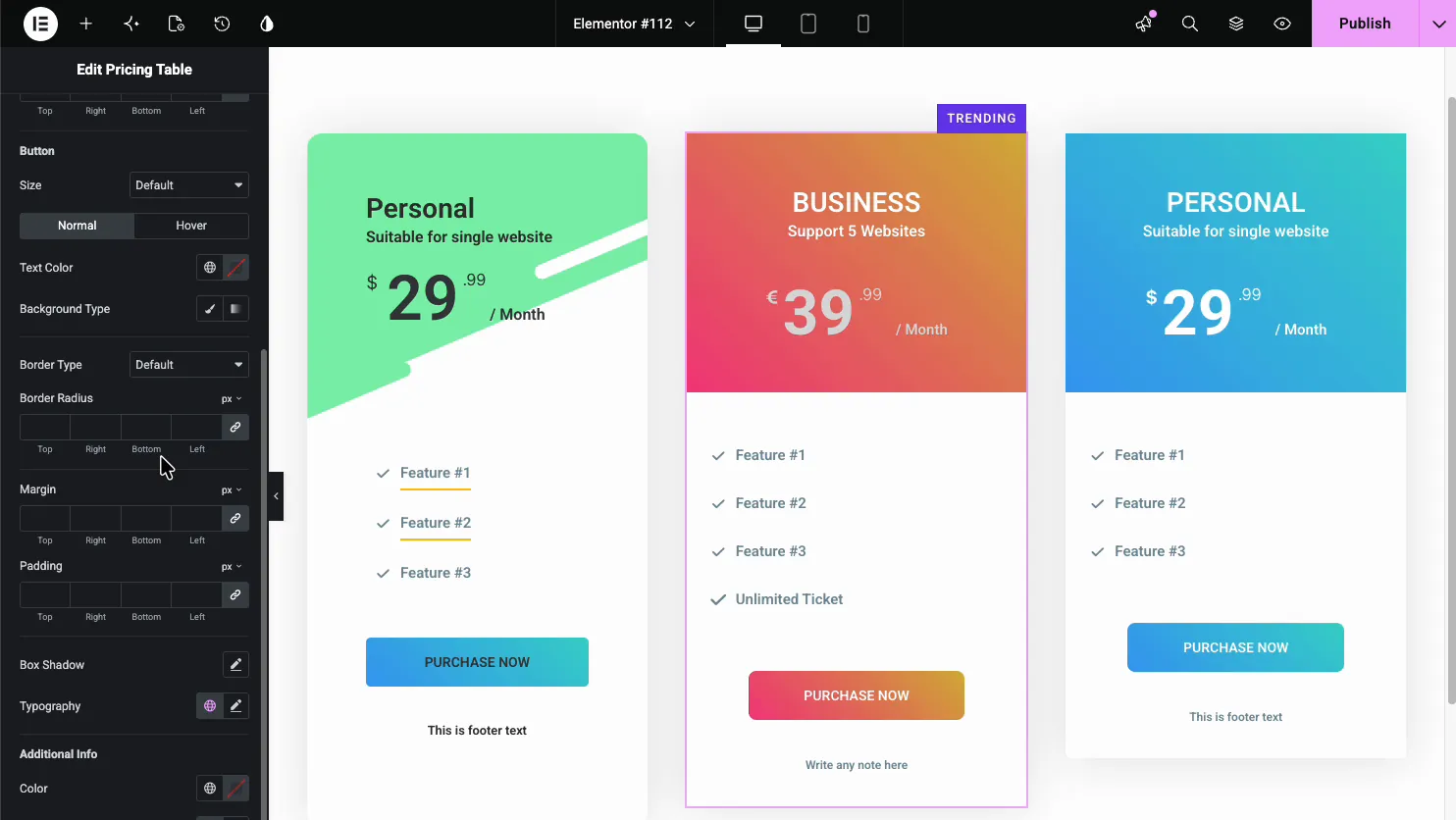 Pricing Table Style tab with a Button section showing Size, Text Color, Background Type, Border, Border Radius, Padding, and Box Shadow