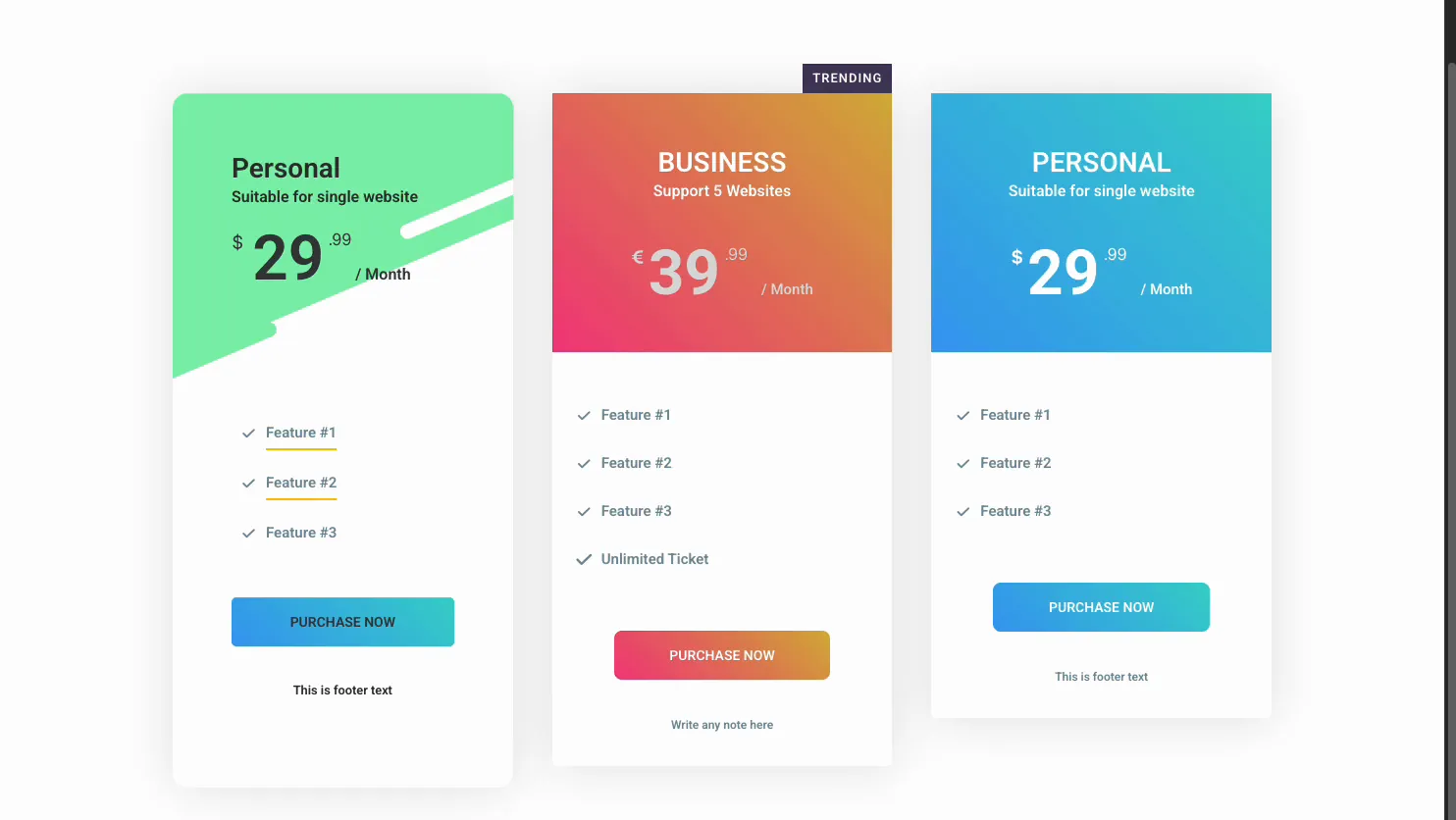 Three Elementor pricing plans built with the Master Addons Pricing Table widget, with a green Personal plan, a raised Business plan marked Trending, and a blue Personal plan