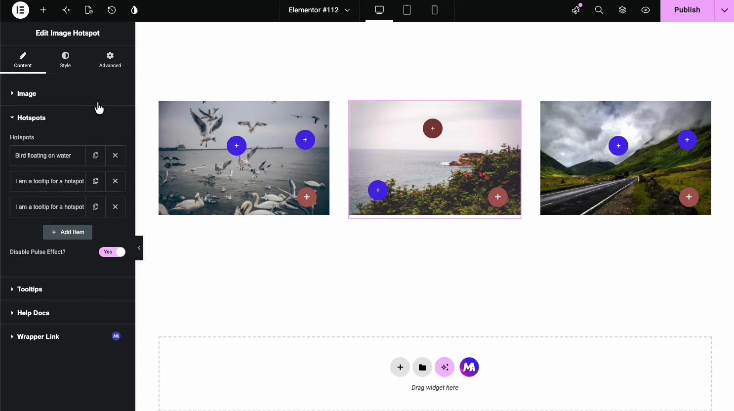 Image Hotspot Hotspots section with a repeater of hotspot items, an Add Item button, and a Disable Pulse Effect toggle, next to three images with markers