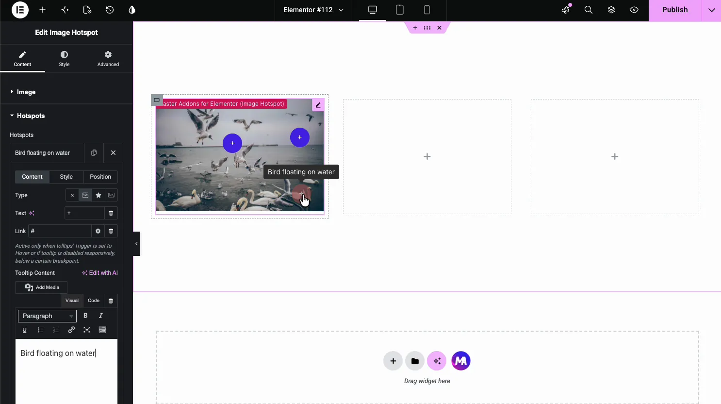 Image Hotspot single hotspot Content tab with Type icons, a Text field, a Link field, and a Tooltip Content editor, with a tooltip showing on the image