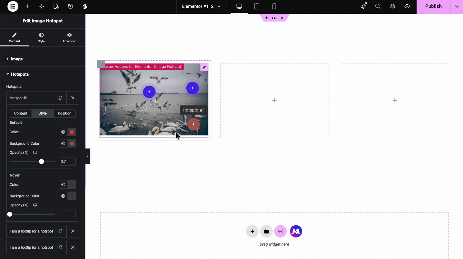 Image Hotspot single hotspot Style tab with Default and Hover color, background color, and opacity controls