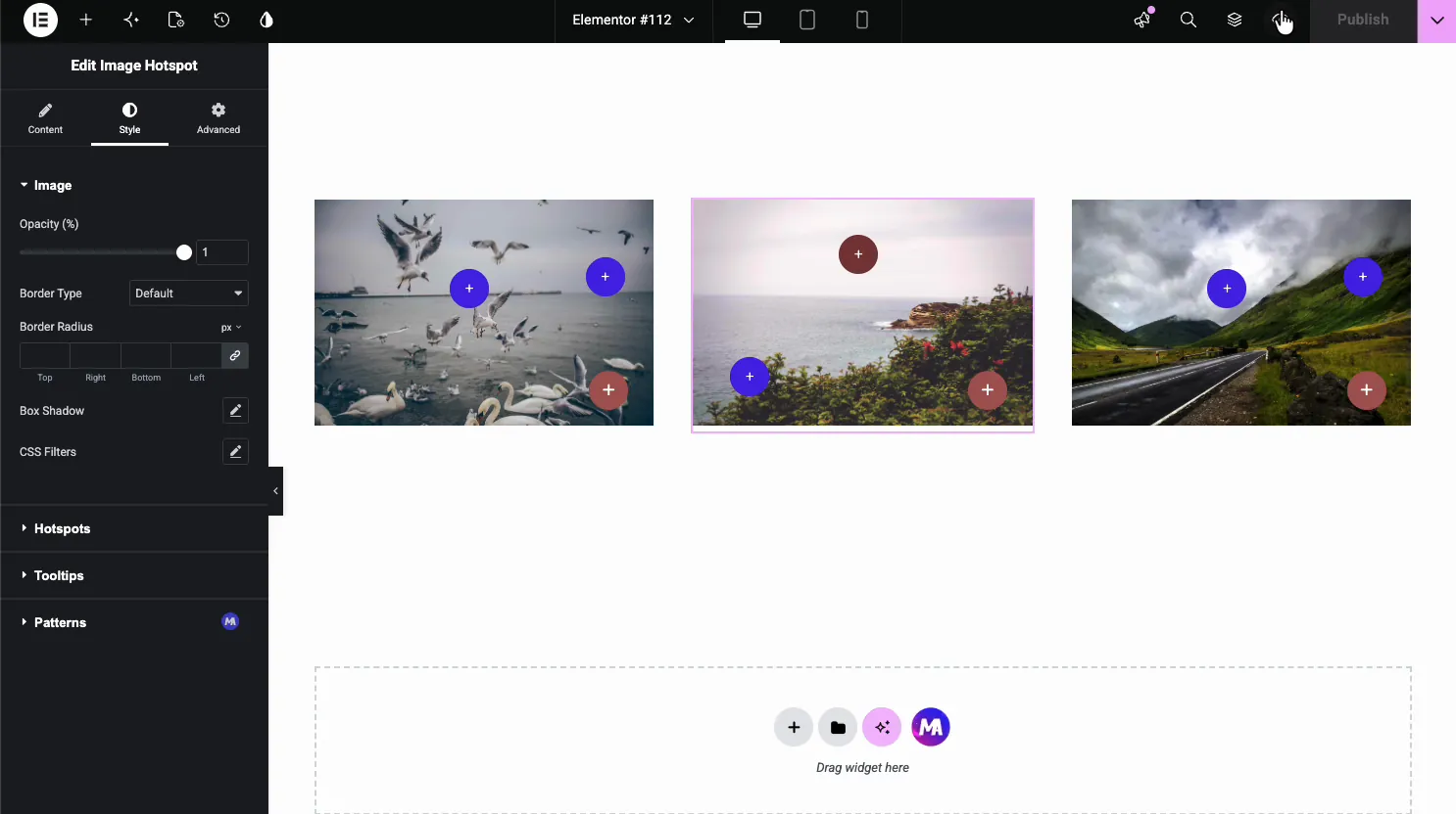Image Hotspot Style tab with Image opacity, border, box shadow, and CSS Filters, plus Hotspots, Tooltips, and Patterns sections