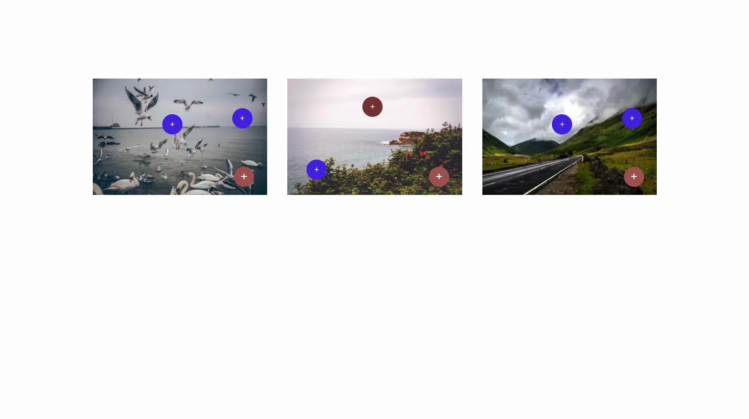 Three Elementor images built with the Master Addons Image Hotspot widget, each with blue and red plus markers pinned on the photo