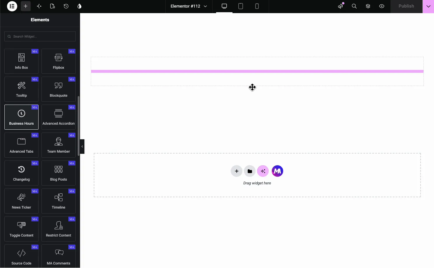 Business Hours widget in the Elementor Elements panel being dragged onto the page