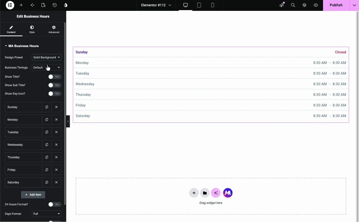 Business Hours Content tab with Design Preset, Business Timings, show title toggles, and the Sunday to Saturday day repeater