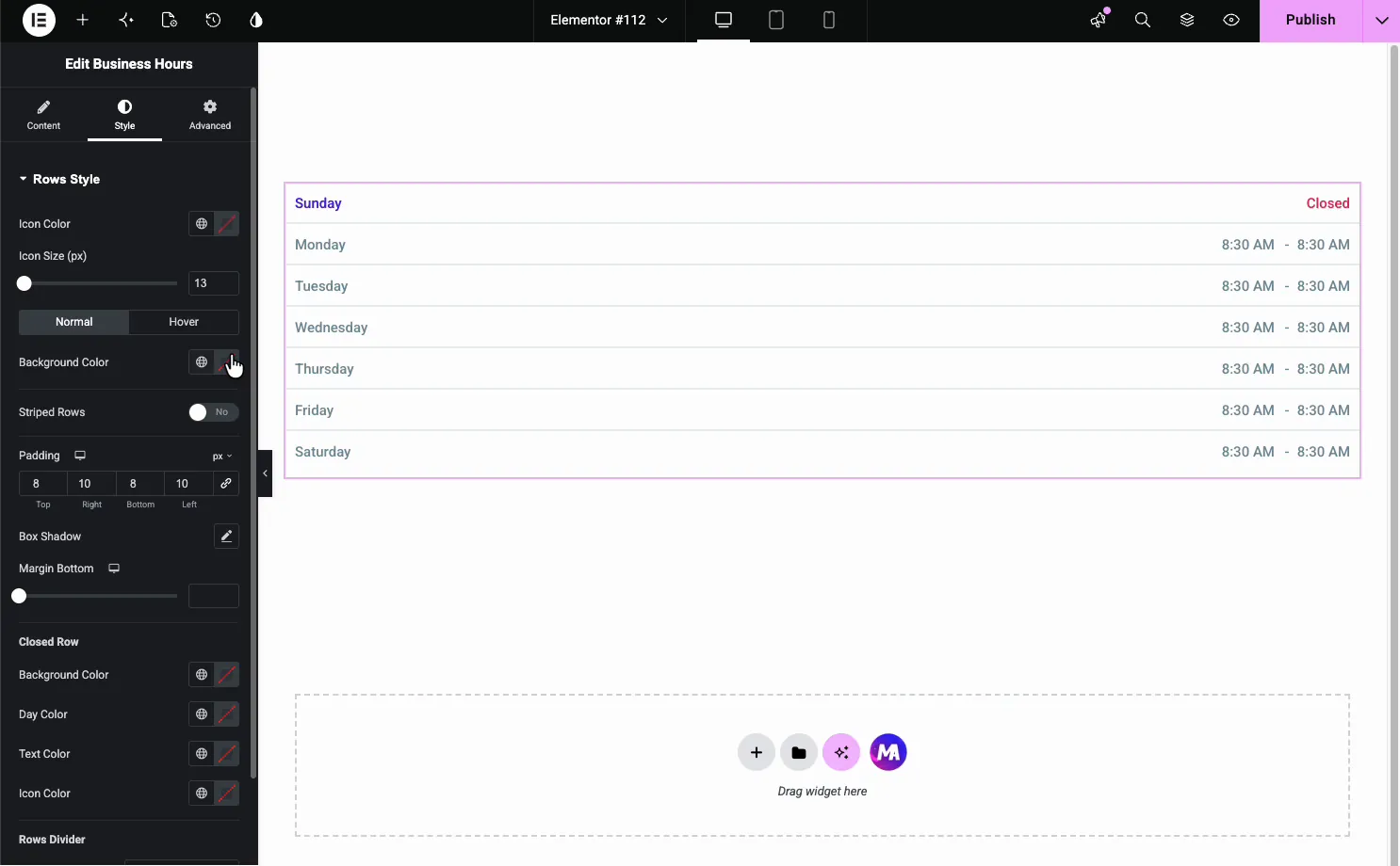 Business Hours Rows Style section with icon color, row background, striped rows, padding, and a separate Closed Row block