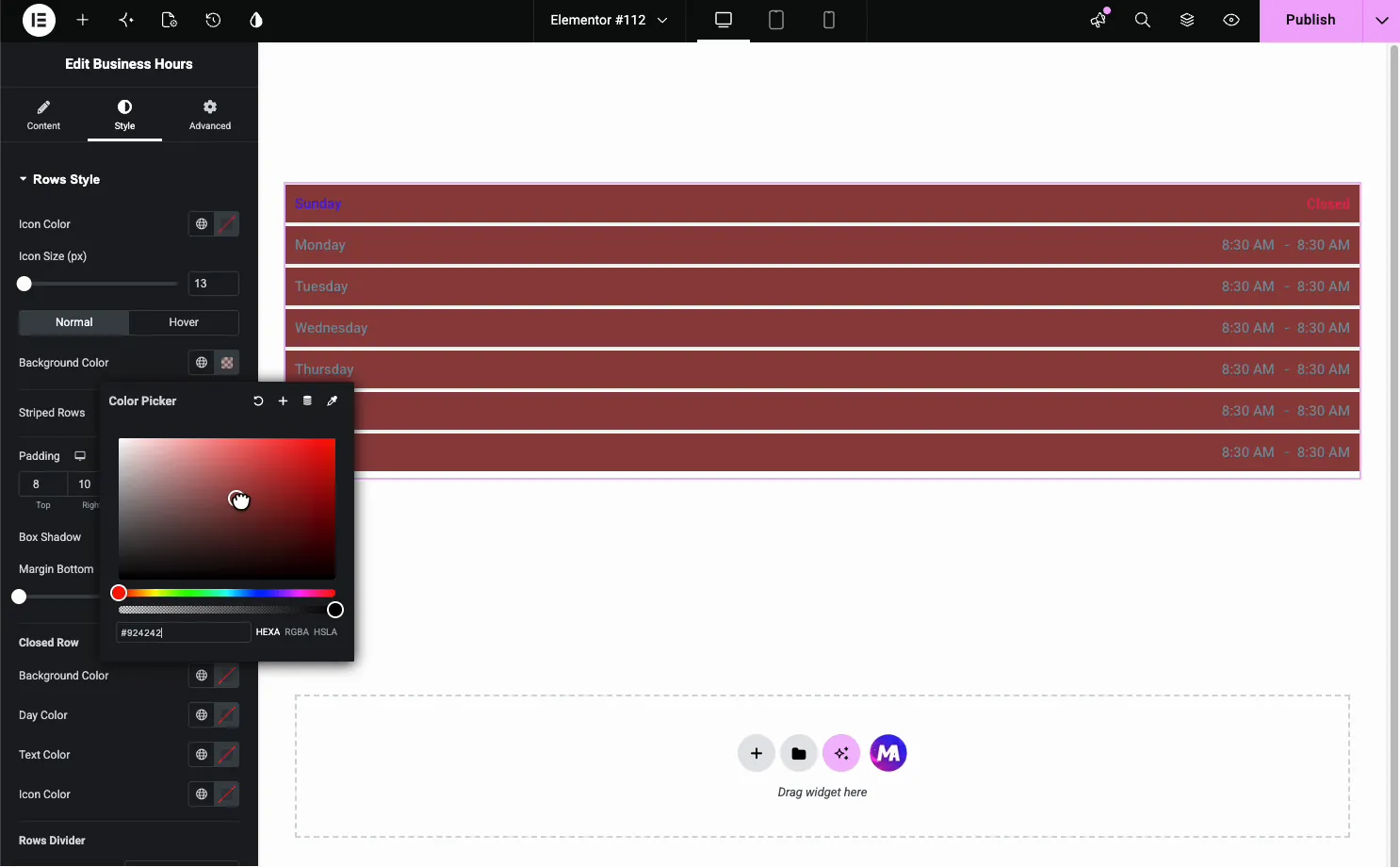 Business Hours rows with a red background color applied through the Rows Style color picker