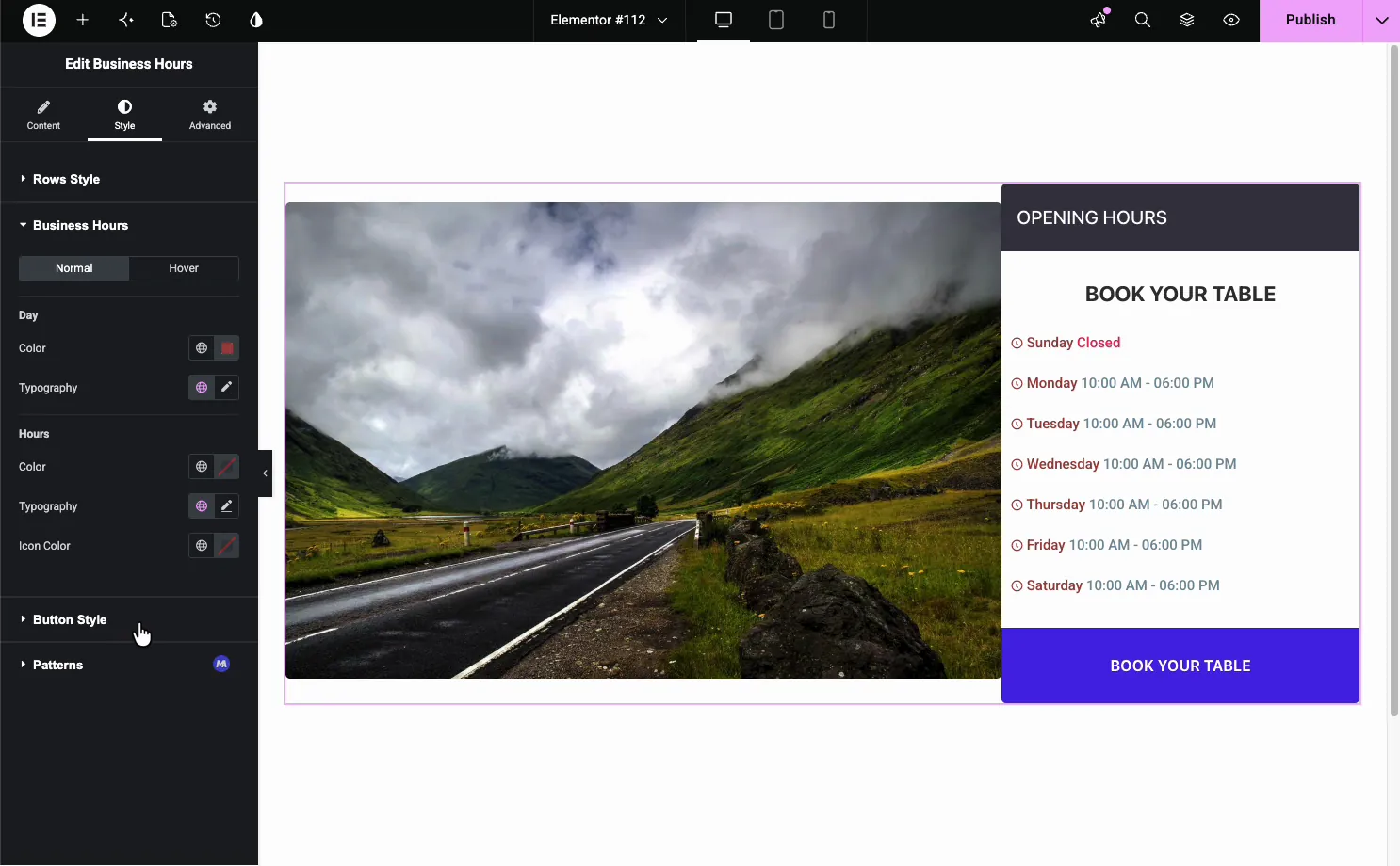 Business Hours Style tab with Day and Hours color and typography controls and a Button Style section