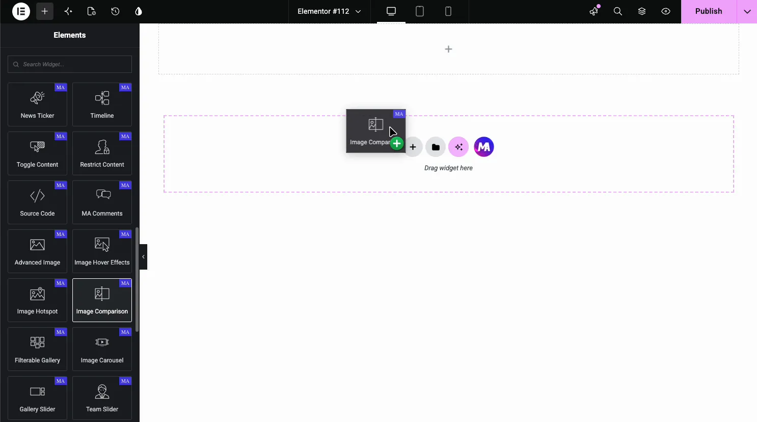 Image Comparison widget in the Elementor Elements panel being dragged onto the page