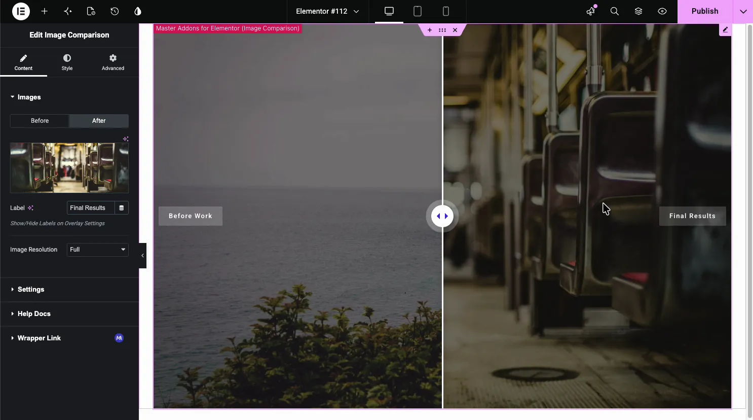 Image Comparison with the After tab set to Final Results, showing Before Work and Final Results labels over the two images on the canvas