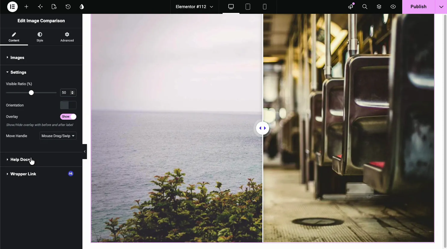 Image Comparison Settings section with Visible Ratio, Orientation toggle, Overlay Show, and a Move Handle dropdown set to Mouse Drag or Swipe