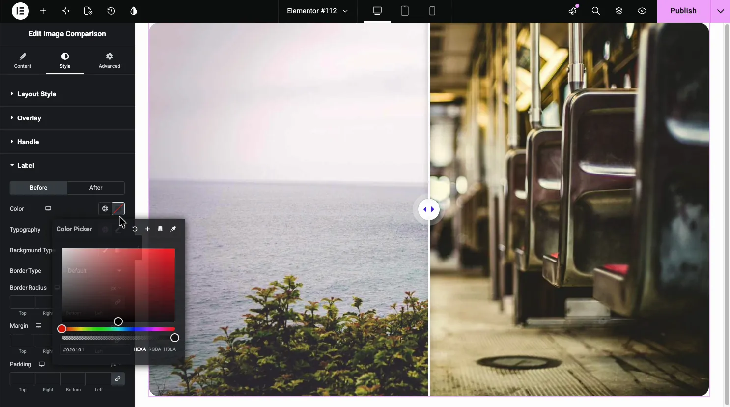 Image Comparison Style tab with the Label section open, showing Before and After tabs and a color picker for the label text