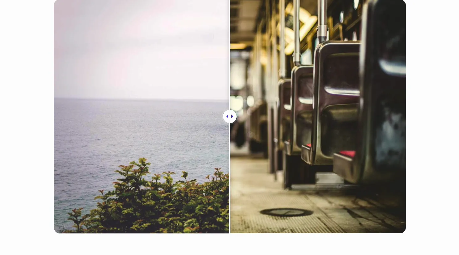 Elementor image comparison slider built with the Master Addons widget, a calm sea on the left and a train interior on the right split by a round handle