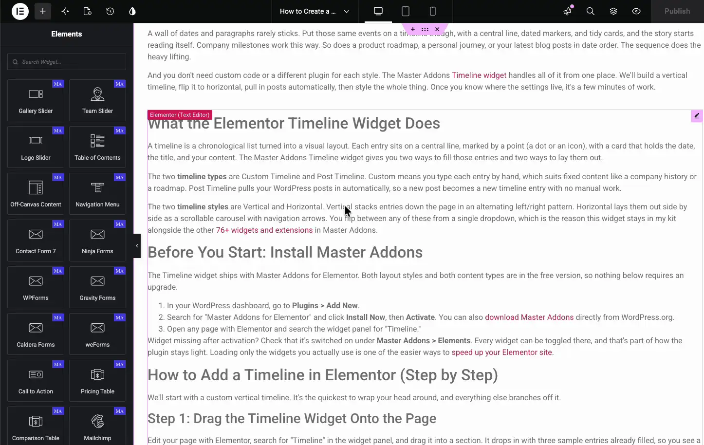 Table of Contents widget in the Elementor Elements panel being dragged onto the page